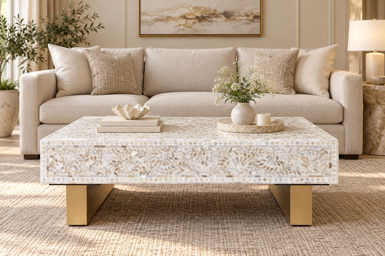White Mother of Pearl Inlay Rectangle Coffee Table with Floral Pattern and Brass Legs