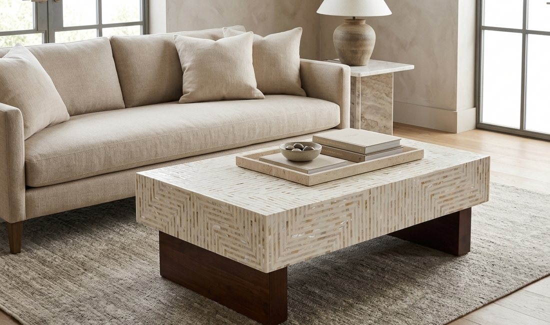 White rectangular Mother of Pearl inlay coffee table with wooden legs