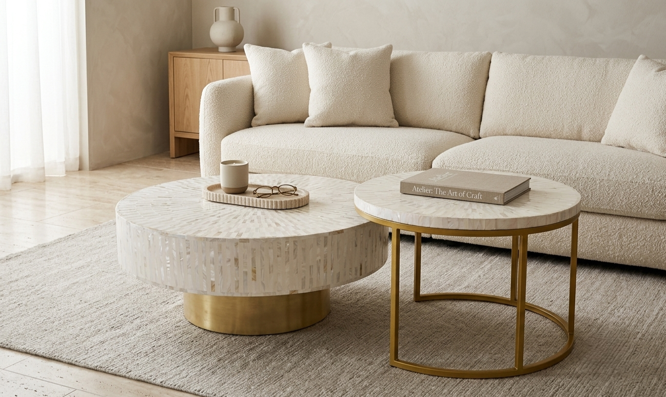 White Mother of Pearl inlay round coffee table and nesting table set
