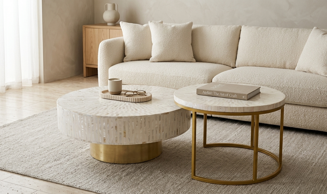 White Mother of Pearl inlay round coffee table and nesting table set