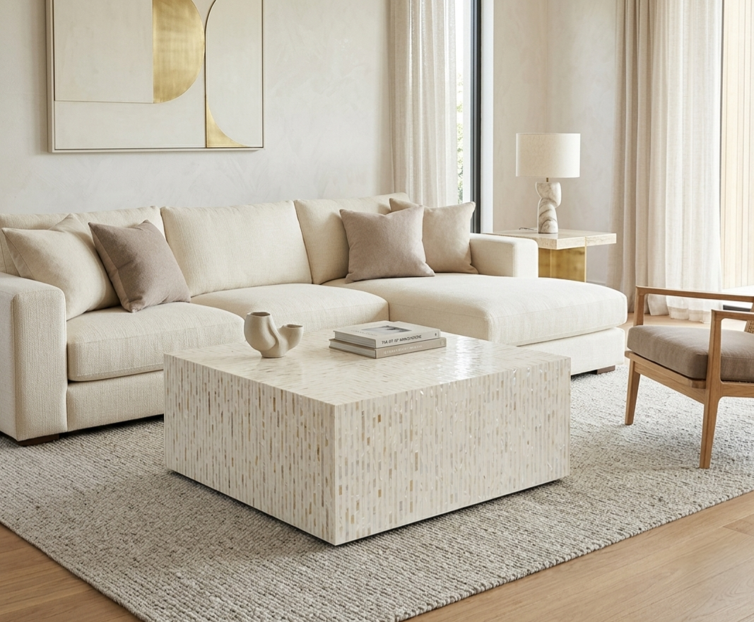 White square Mother of Pearl inlay coffee table 40 x 40 x 17 inches