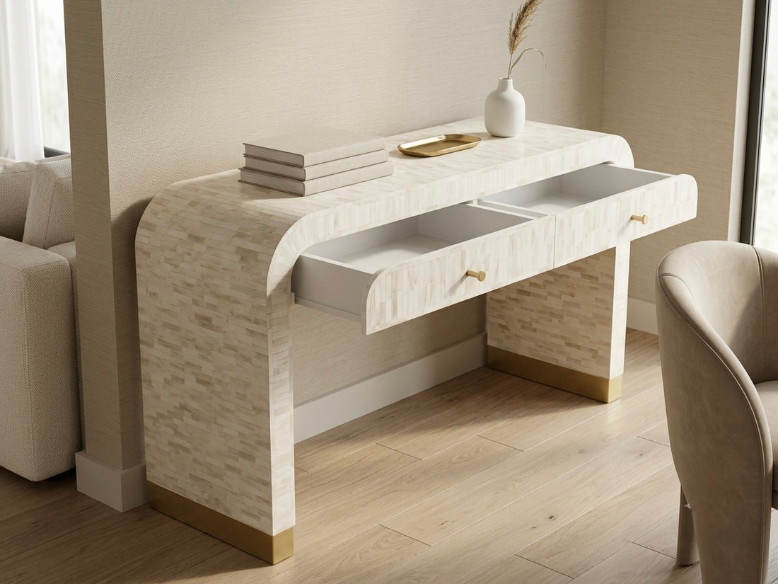 Natural bone inlay U-shaped console table with two drawers