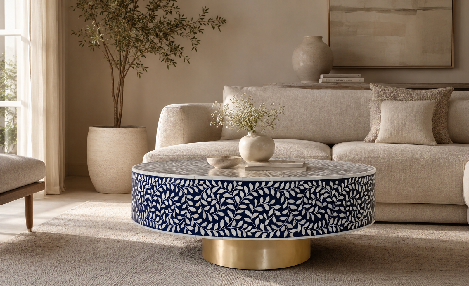 Handmade Navy Blue Bone Inlay Round Coffee Table with Floral Inlay Pattern and Brass Pedestal Base