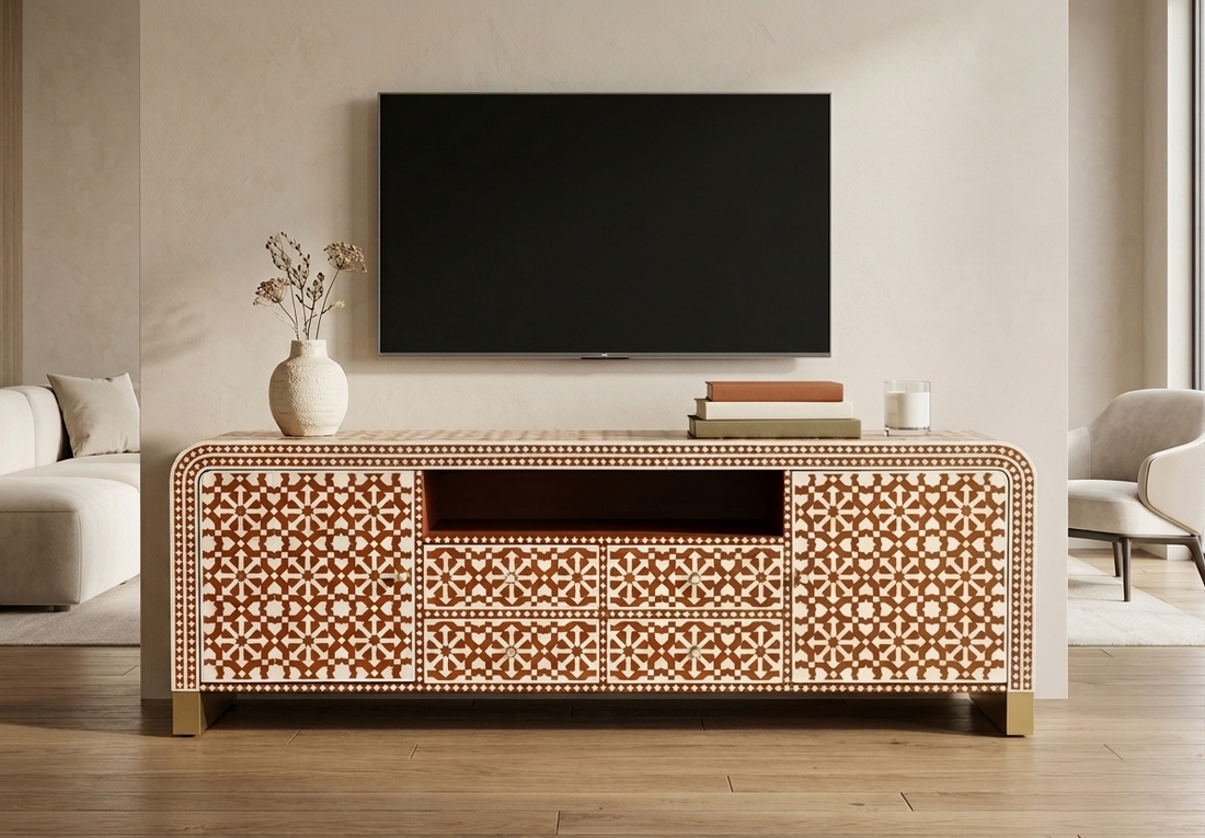 Orange and white bone inlay TV unit with four drawers, two doors, and open shelf