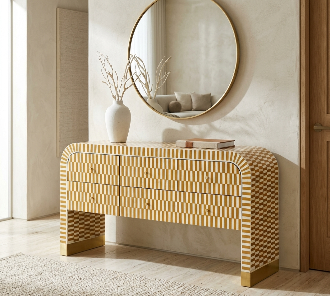 Orange and white Bone Inlay 6 drawer U Shape console table