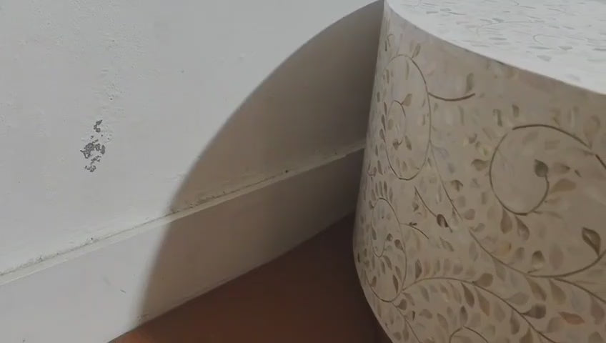 Mother of Pearl Inlay Round Coffee Table, Floral Design White Coffee Table with Brass Base