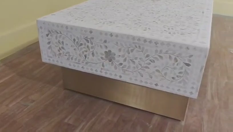 Mother of Pearl Inlay Rectangle Coffee Table – White with Brass Legs