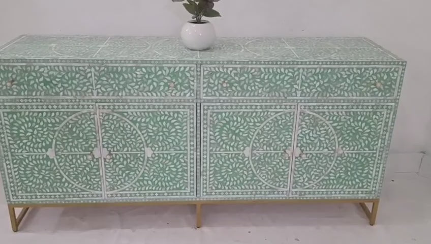 Mother of Pearl Inlay Buffet Cabinet, Sea Green 2 Drawer 4 Door Sideboard