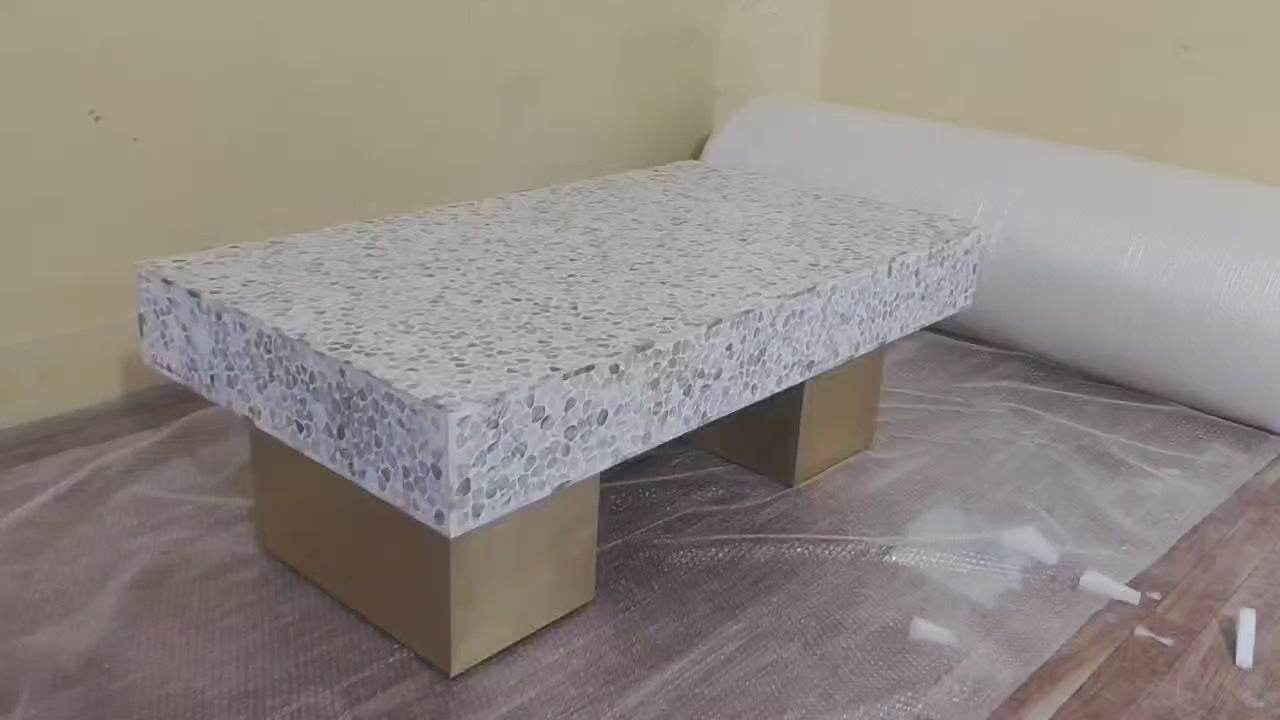 Mother of Pearl Inlay Rectangular Coffee Table with Brass Legs