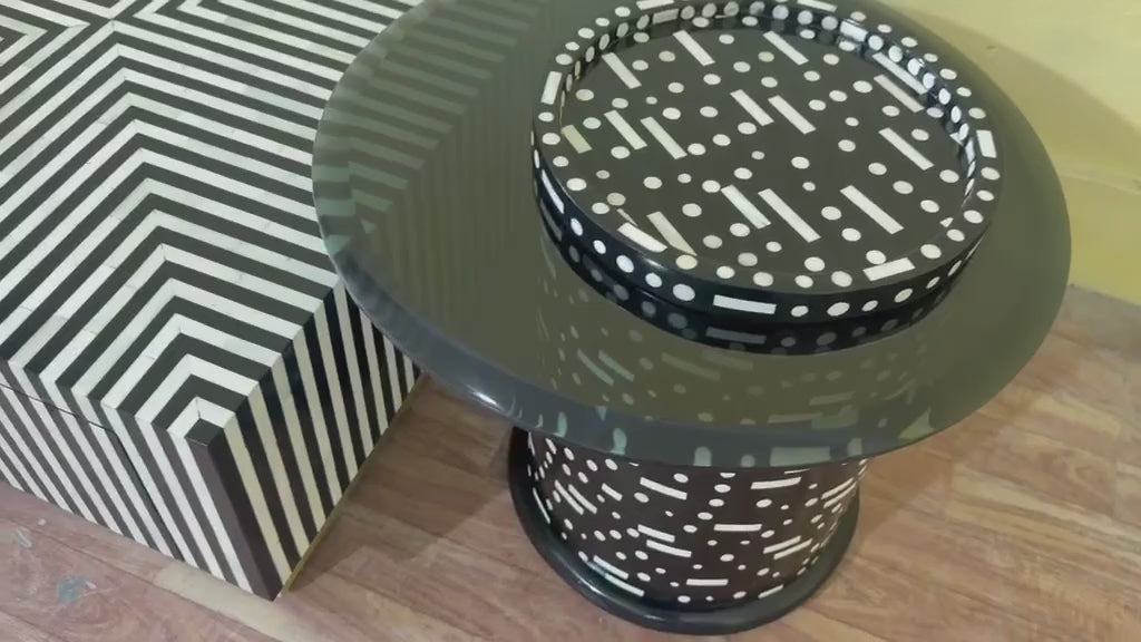Bone Inlay Coffee Table Set of 2 with 1 Drawer, Black and White Square Coffee Table and Round Side Table with Grey Glass and Brass Stand