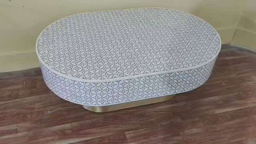 Bone Inlay Oval Coffee Table in Grey with Brass Base – L42 x D27 x H17 Inches