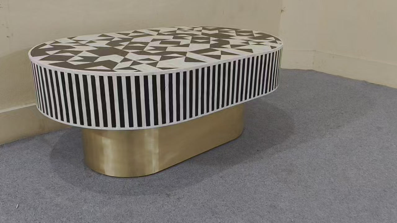 Bone Inlay Black & White Oval Coffee Table with Brass Base