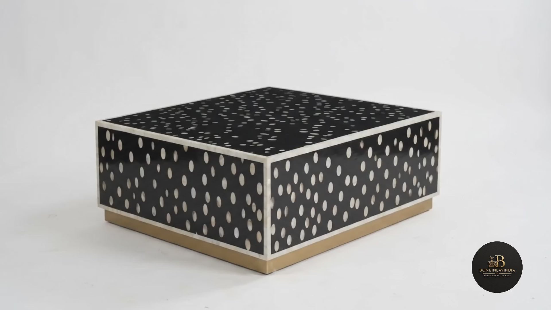 Mother of Pearl Inlay Black & White Coffee Table with Brass Stand