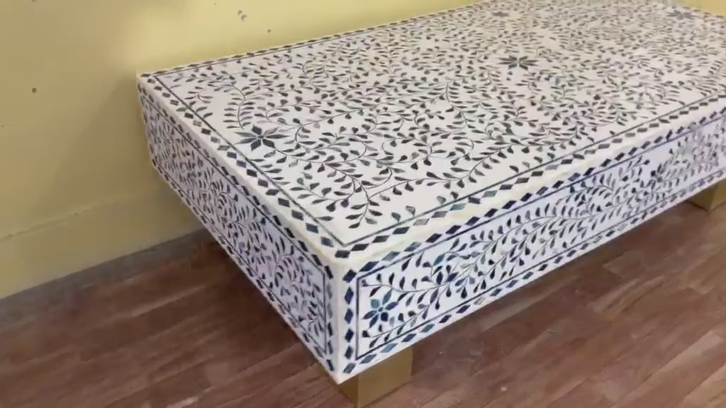 Blue Bone Inlay Rectangular Coffee Table, White Resin Top with Brass Legs