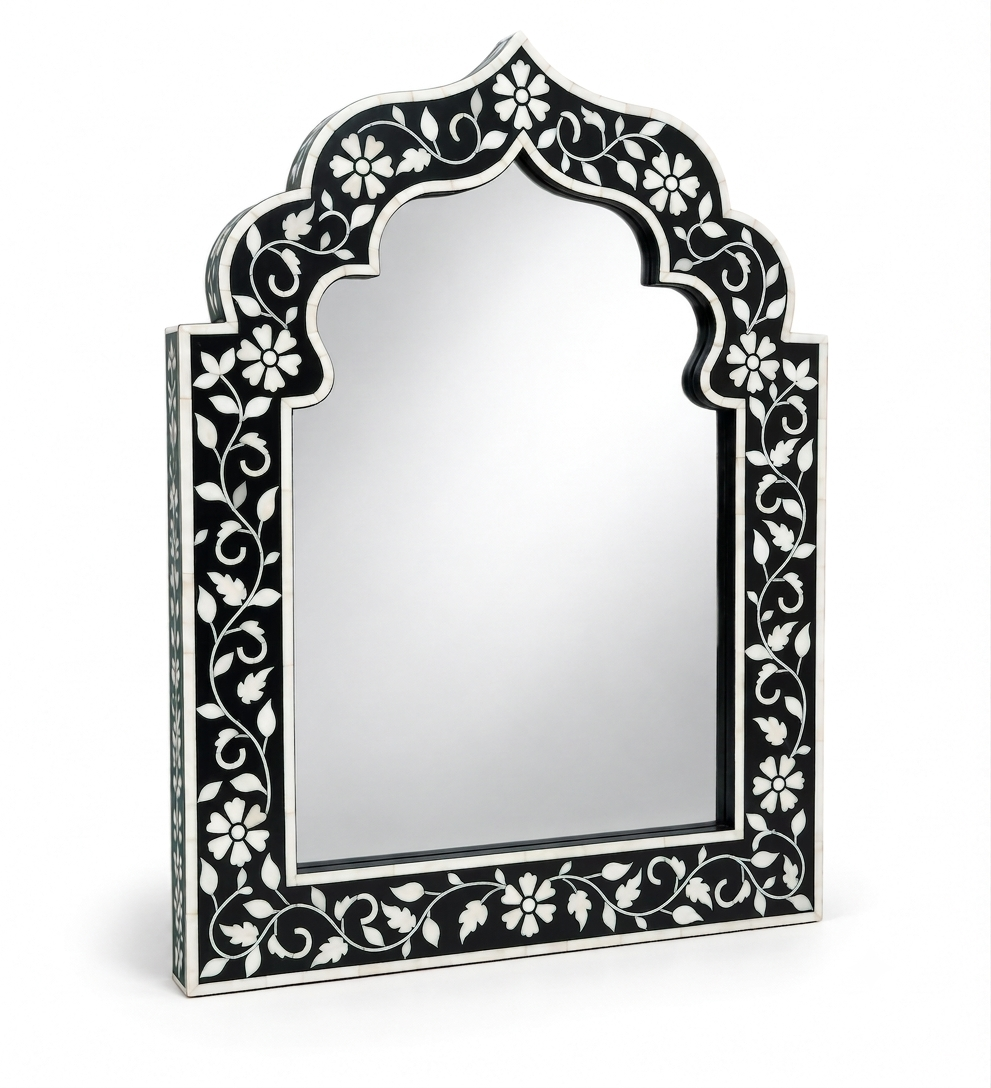 Bone Inlay Green & White Floral Design Mirror Frame