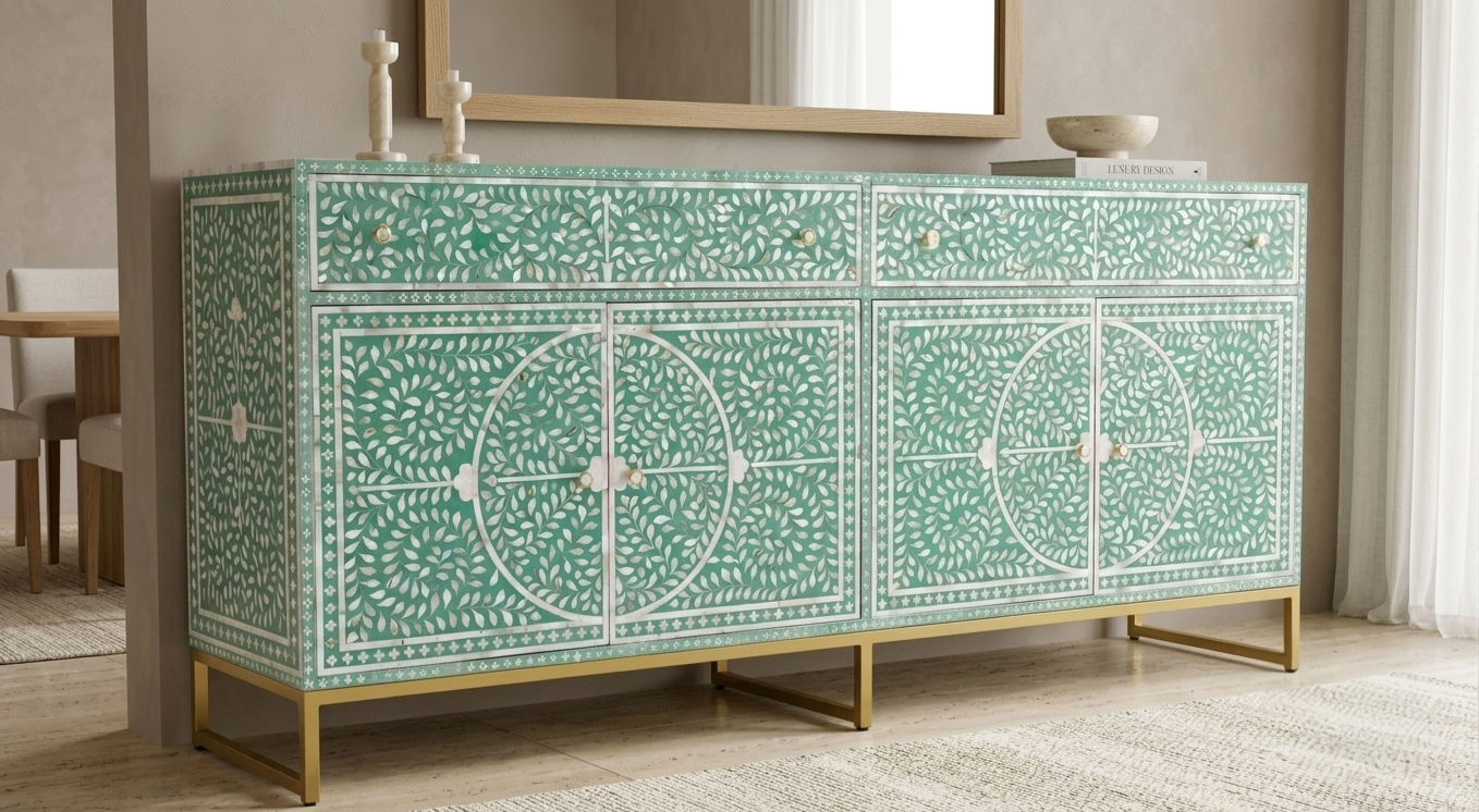 Sea green Mother of Pearl inlay 4 door 2 drawer buffet cabinet with gold stand