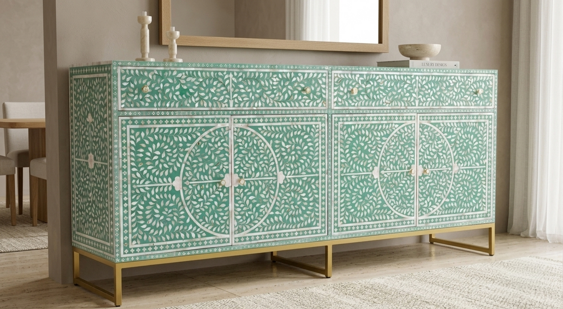 Sea green Mother of Pearl inlay 4 door 2 drawer buffet cabinet with gold stand