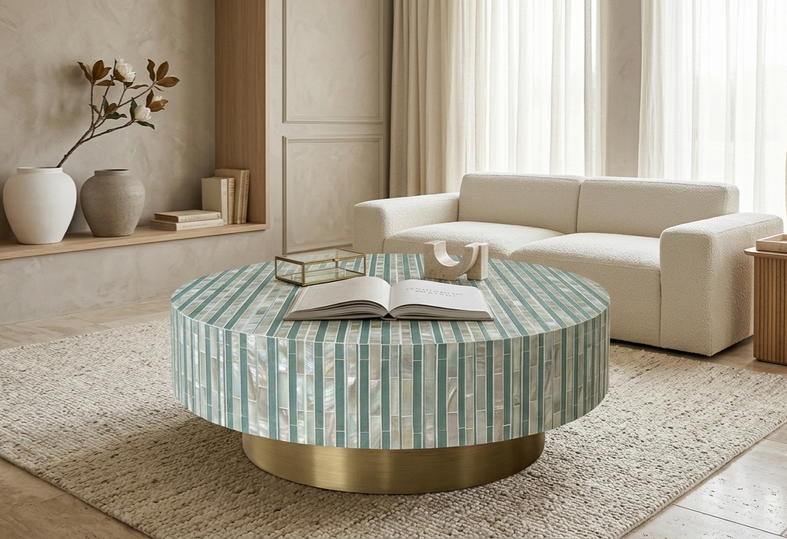 Sea Green Mother of Pearl Inlay Round Coffee Table with Brass Base