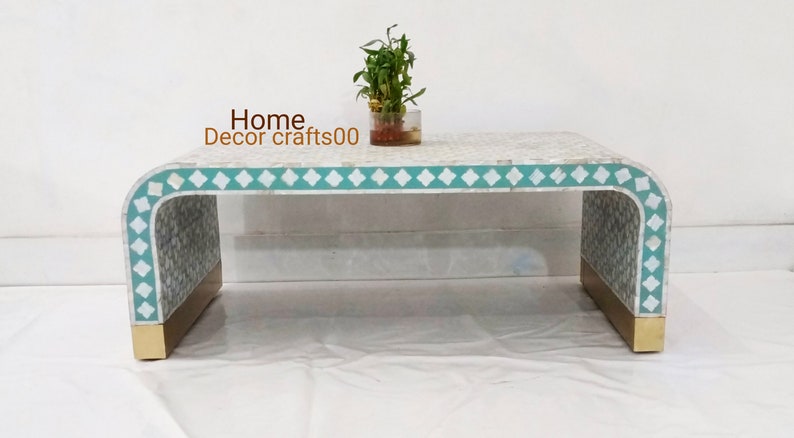 Sea green Mother of Pearl inlay U-shaped coffee table with brass base