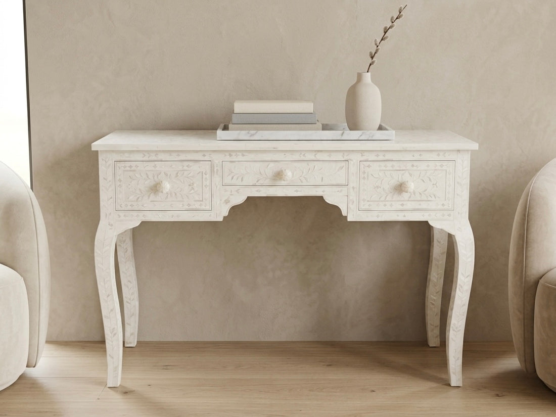 White bone inlay console table with three drawers and curved legs