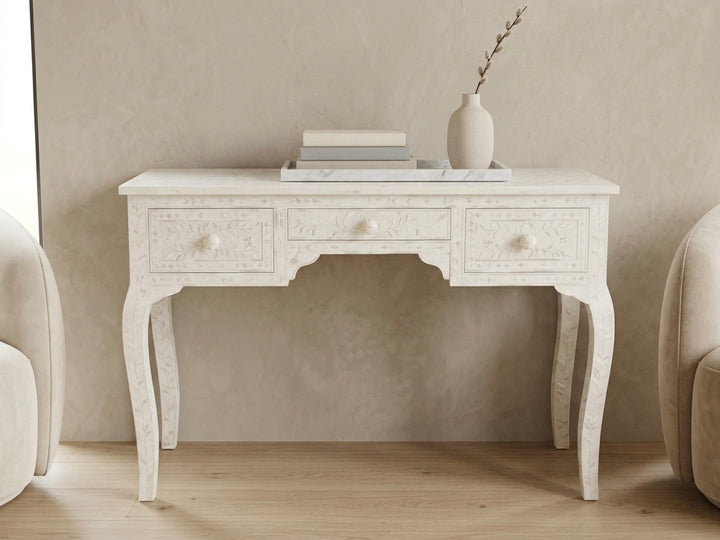 White bone inlay console table with three drawers and curved legs