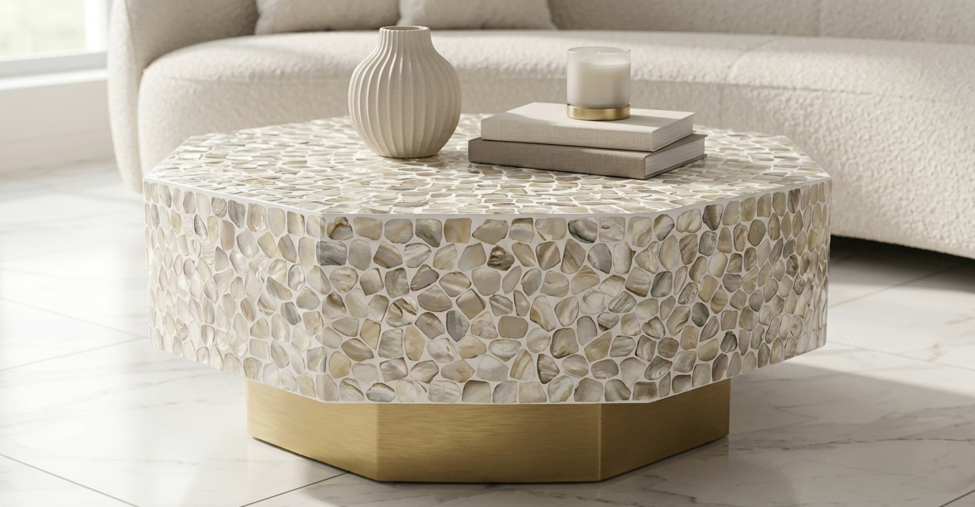 White Mother of Pearl inlay hexagon coffee table with brass base