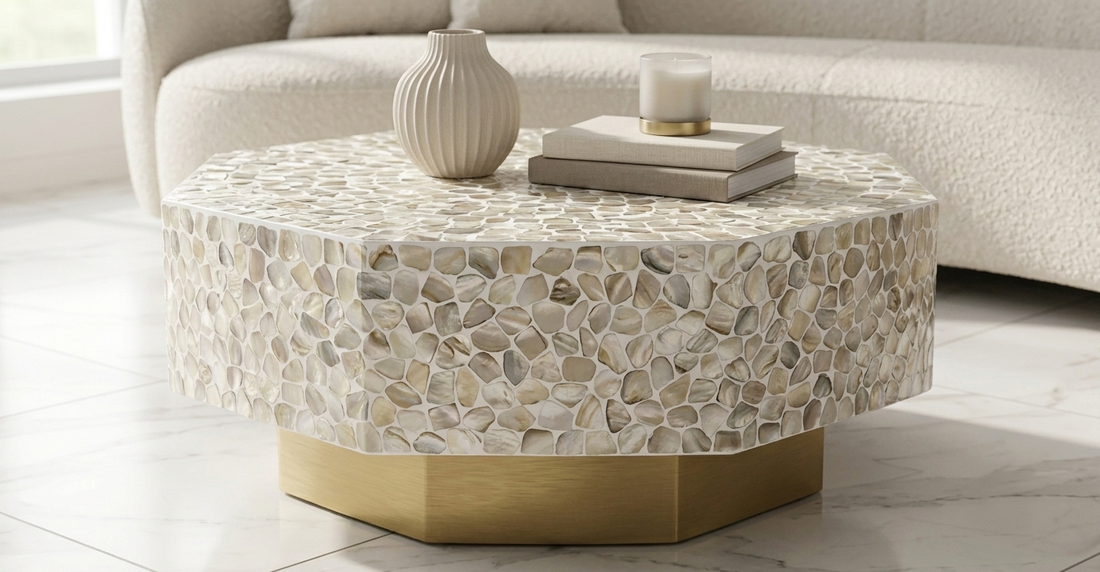 White Mother of Pearl inlay hexagon coffee table with brass base