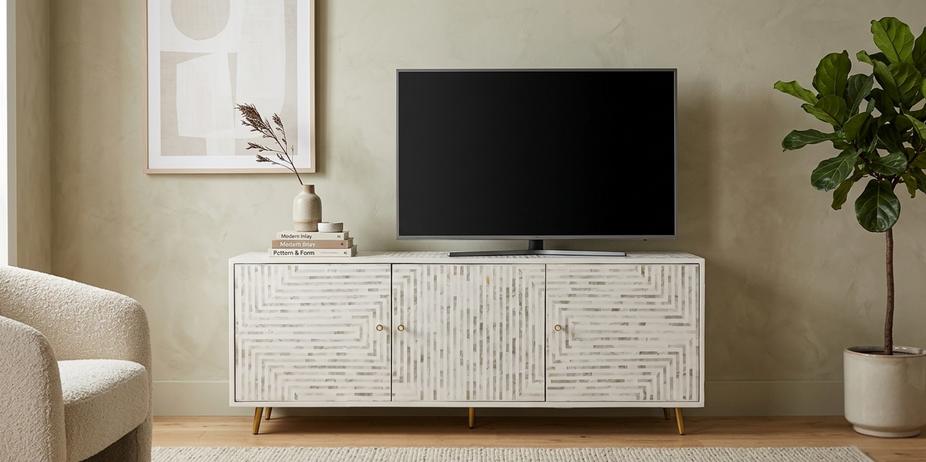White Mother of Pearl Inlay 3 Door TV Unit Media Cabinet