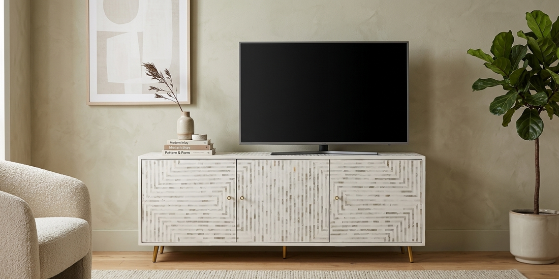 White Mother of Pearl Inlay 3 Door TV Unit Media Cabinet