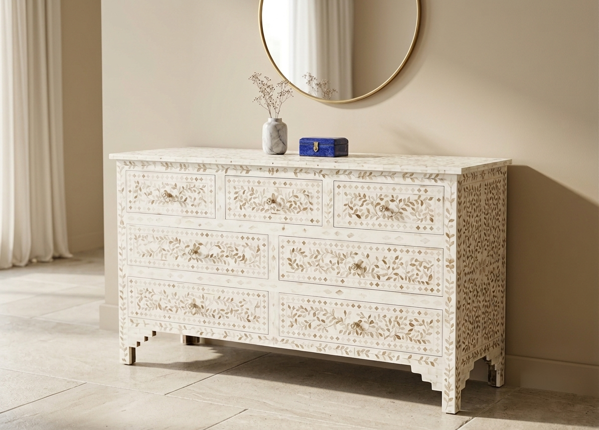 White Mother of Pearl Inlay 7 drawer chest of drawers with floral design