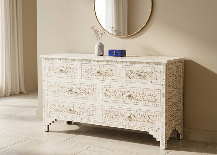 White Mother of Pearl Inlay 7 drawer chest of drawers with floral design