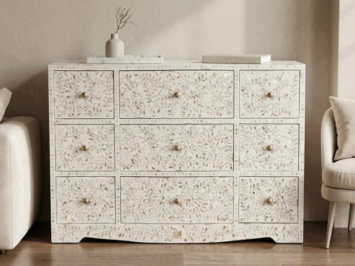 Handmade White Mother of Pearl Inlay 9 Drawer Dresser Chest with Floral Design