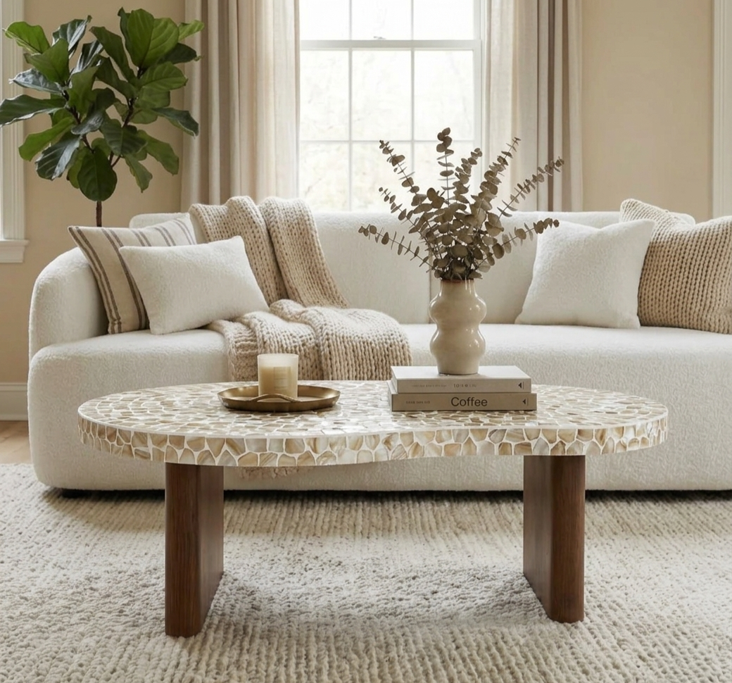 White mother of pearl inlay coffee table with decorative pattern and wooden legs