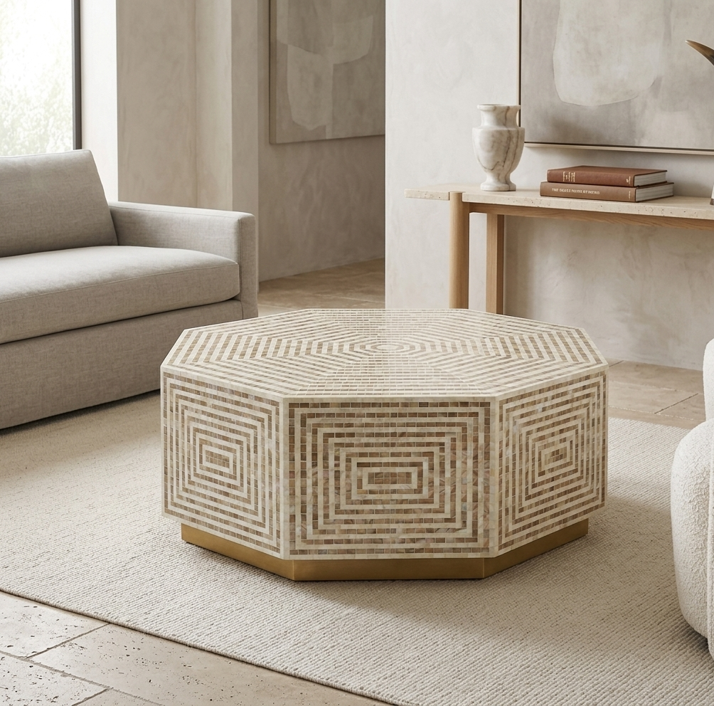 White Mother of Pearl inlay hexagonal coffee table with golden brass base