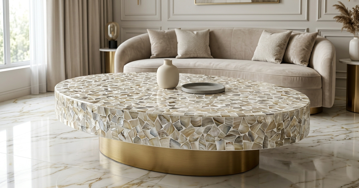 White Mother of Pearl inlay oval coffee table with brass base