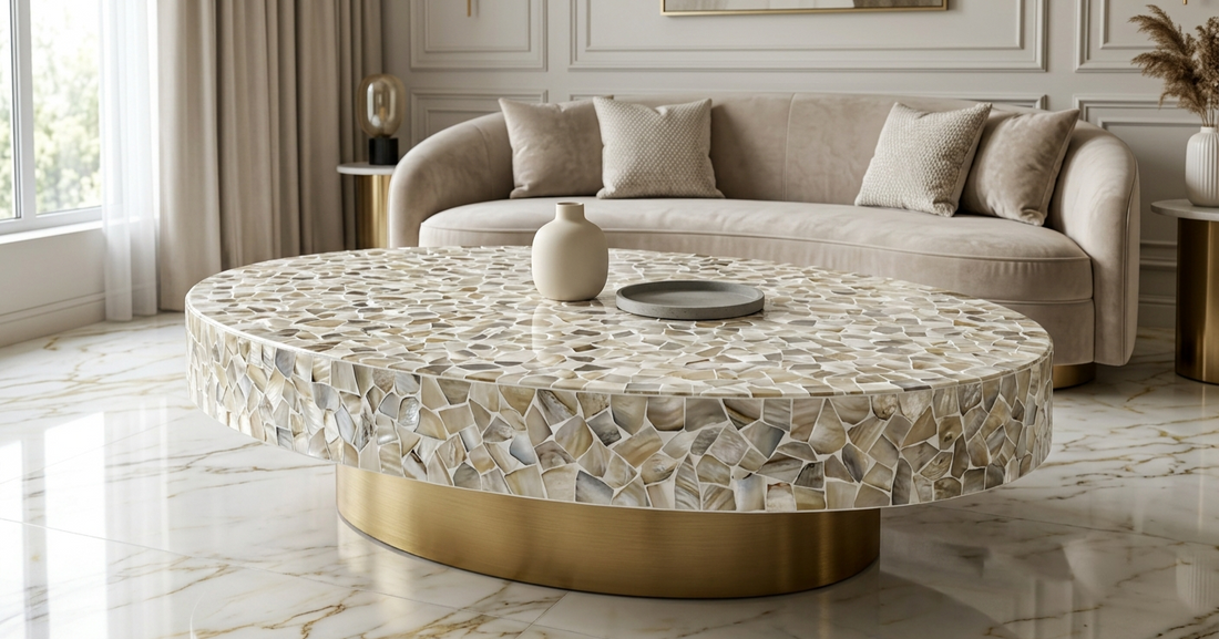 White Mother of Pearl inlay oval coffee table with brass base