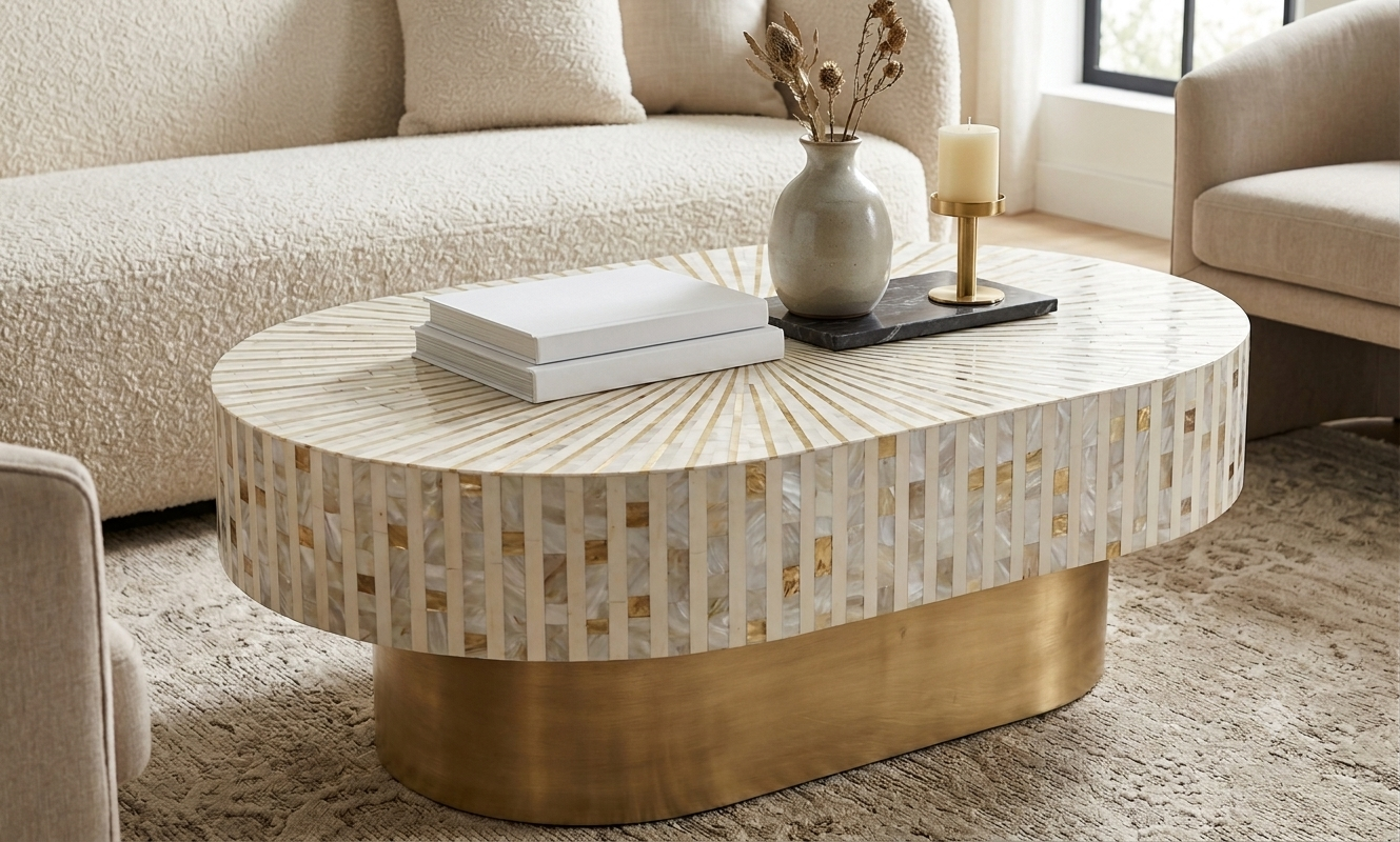 Handmade White Mother of Pearl Inlay Oval Coffee Table with Brass Pedestal Stand