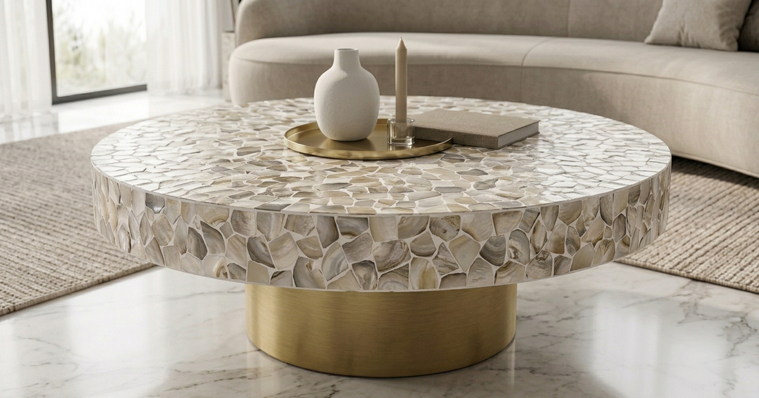 Handcrafted White Mother of Pearl Inlay Pattern Round Coffee Table with Brass Pedestal Base
