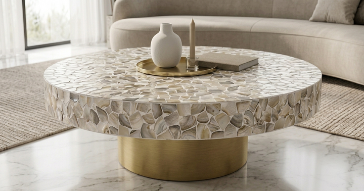 Handcrafted White Mother of Pearl Inlay Pattern Round Coffee Table with Brass Pedestal Base