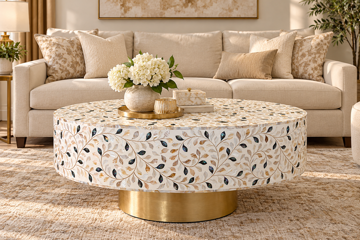 White Round Mother of Pearl Inlay Coffee Table with Black Floral Accents and Brass Base