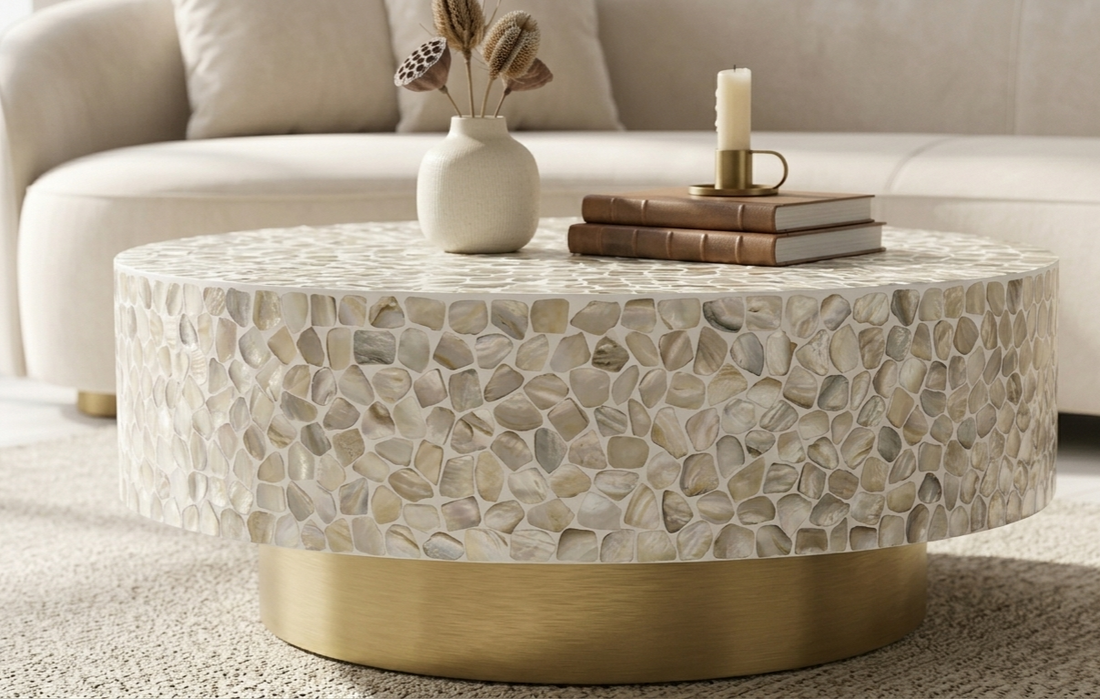 Handmade White Mother of Pearl Inlay Round Coffee Table with Brass Base
