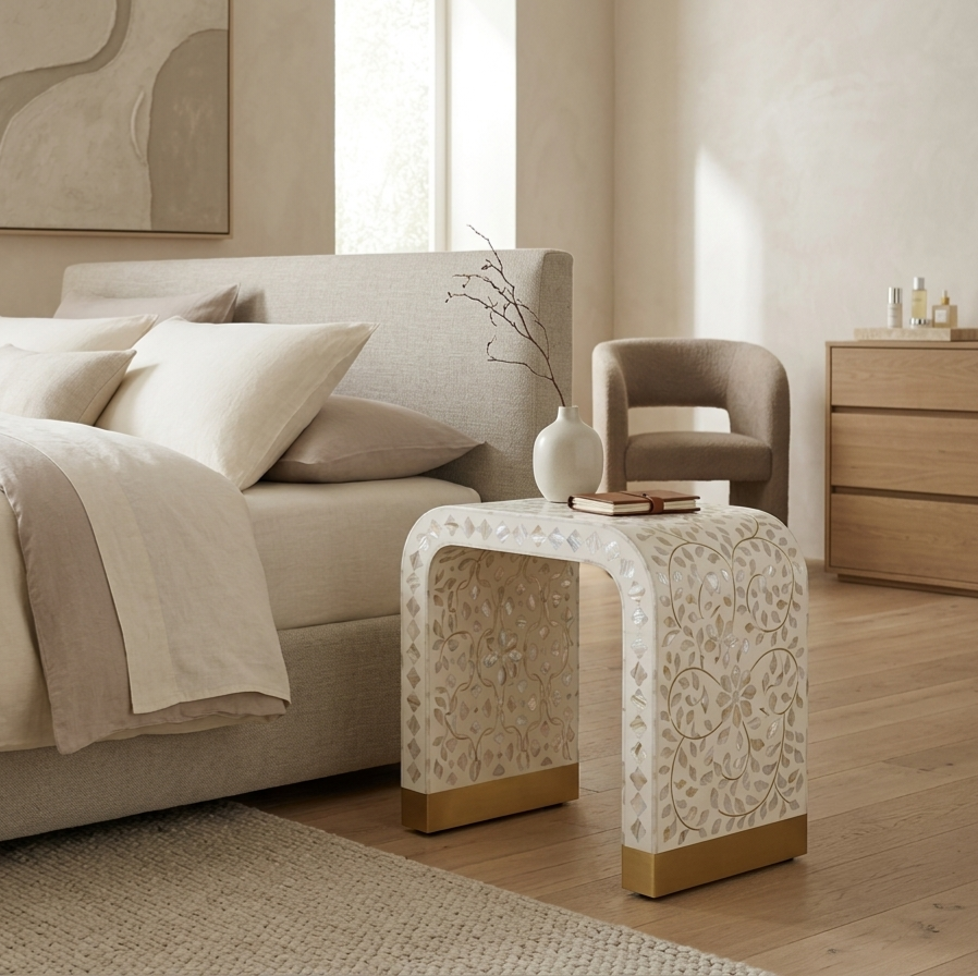 White Mother of Pearl Inlay U-shaped side table with floral pattern and brass-finished bottom accents
