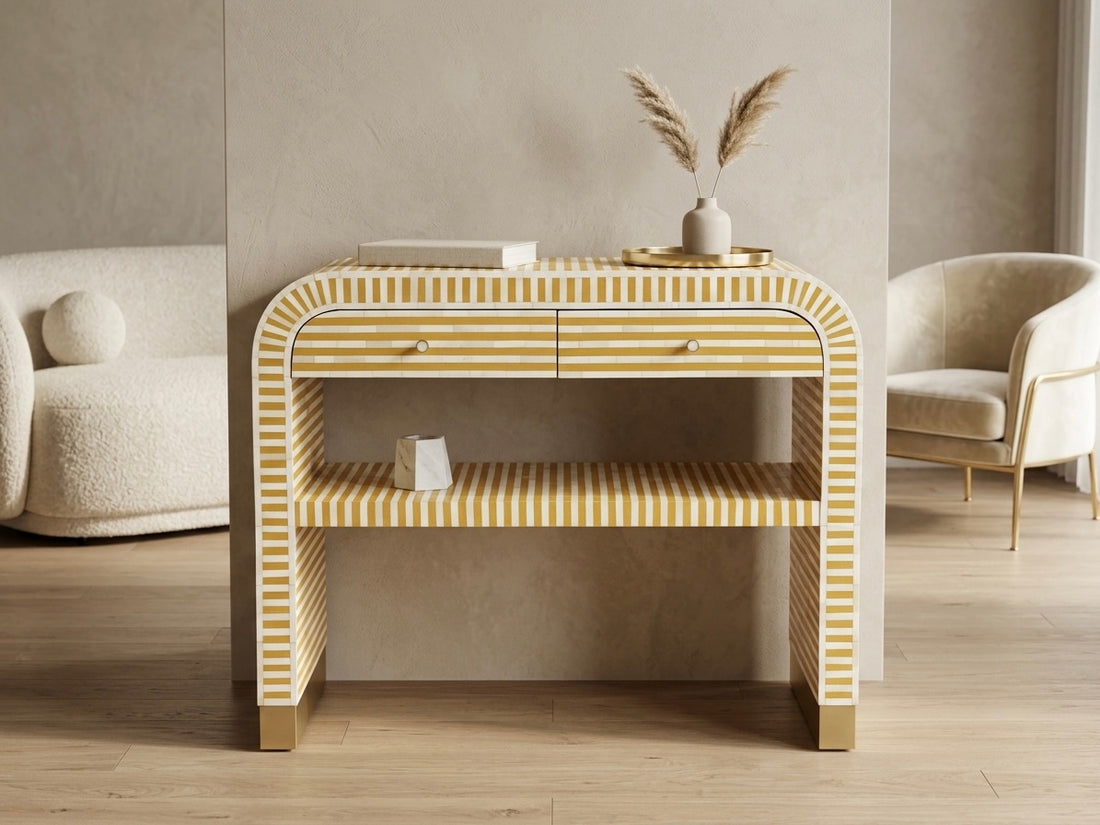 Yellow bone inlay U-shaped console table with two drawers and one shelf